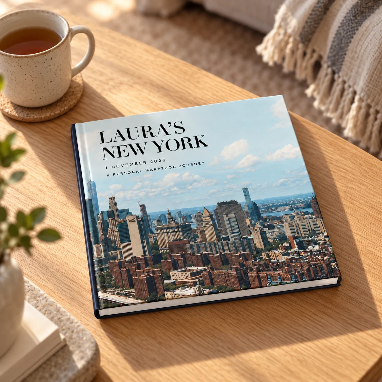 Digital mockup of Laura’s personalised 2026 New York hardcover on an oak coffee table beside a cup of tea